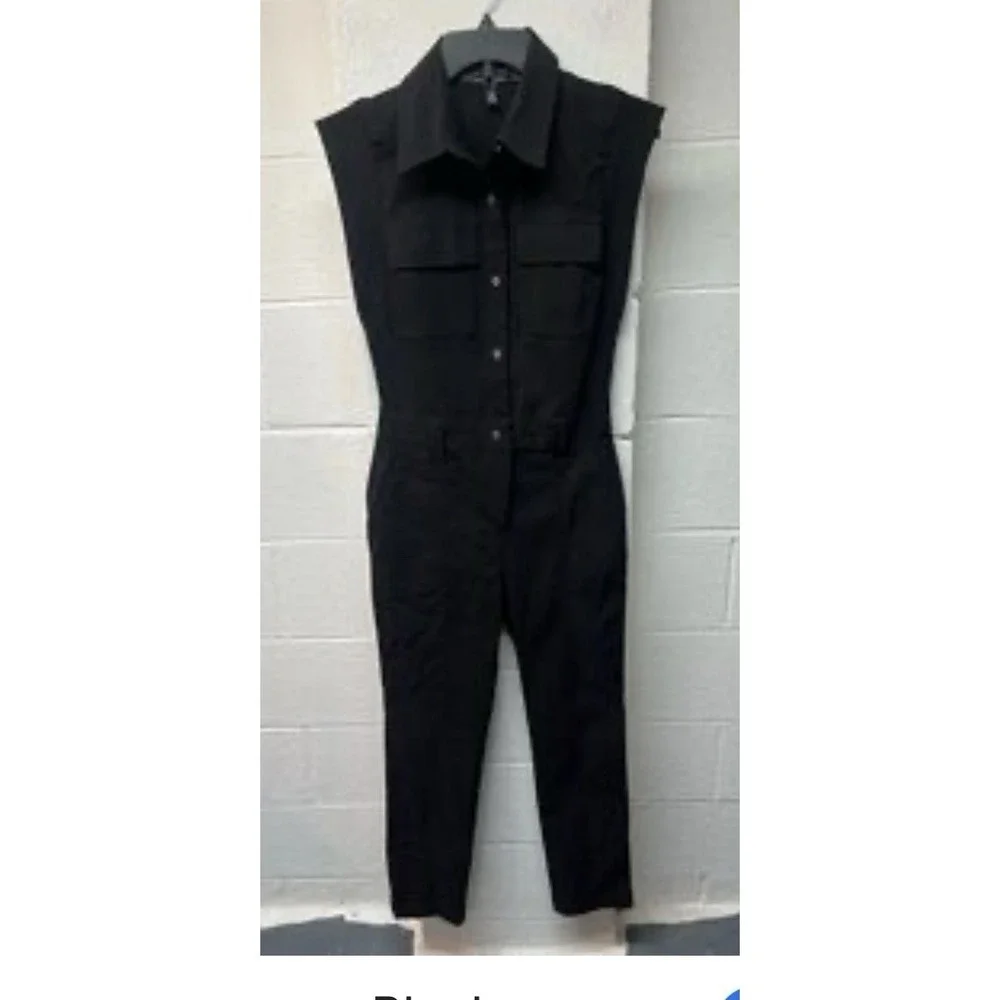 Mango‎ MNG Black Linen Shirt Jumpsuit Size M Sleeveless Button Front No Belt